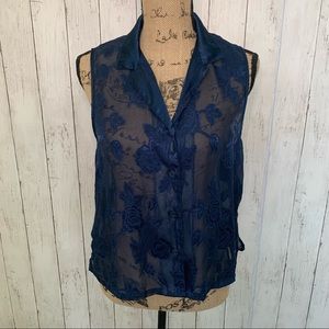 Oscar de la Renta Rink Label Navy Sheer Top Medium